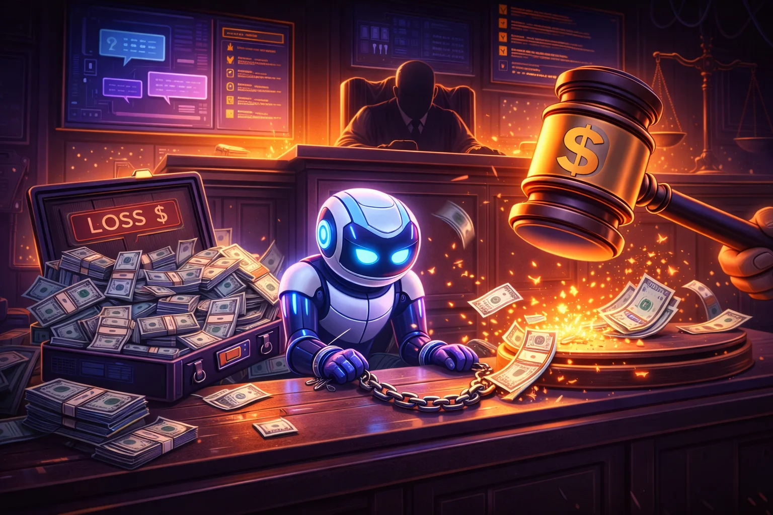 A robot chained at a courtroom bench as a judge's gavel strikes — illustrating AI accountability and legal liability.